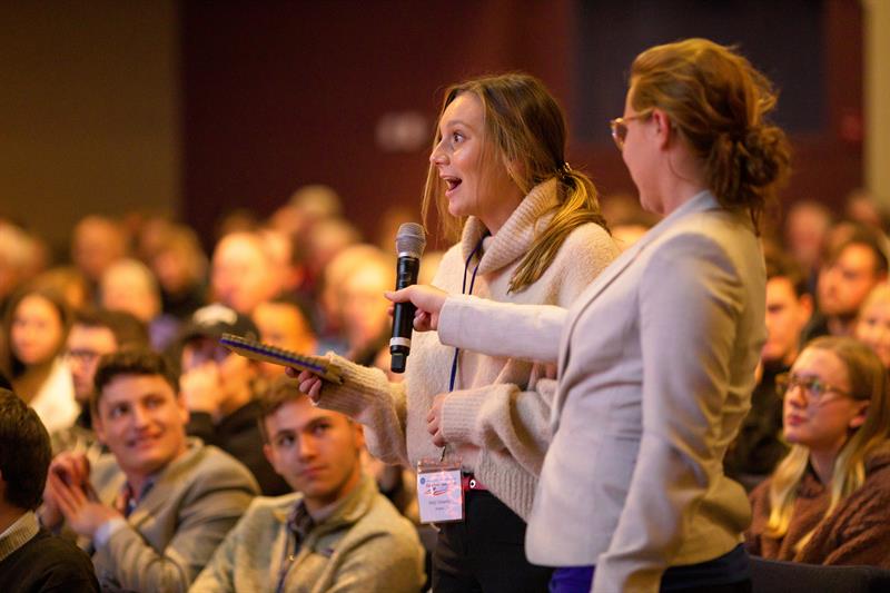 UD junior Molly DiSandro addressed a question to guest speaker Gov. Chris Christie when he joined the National Agenda speaker series in November 2019.