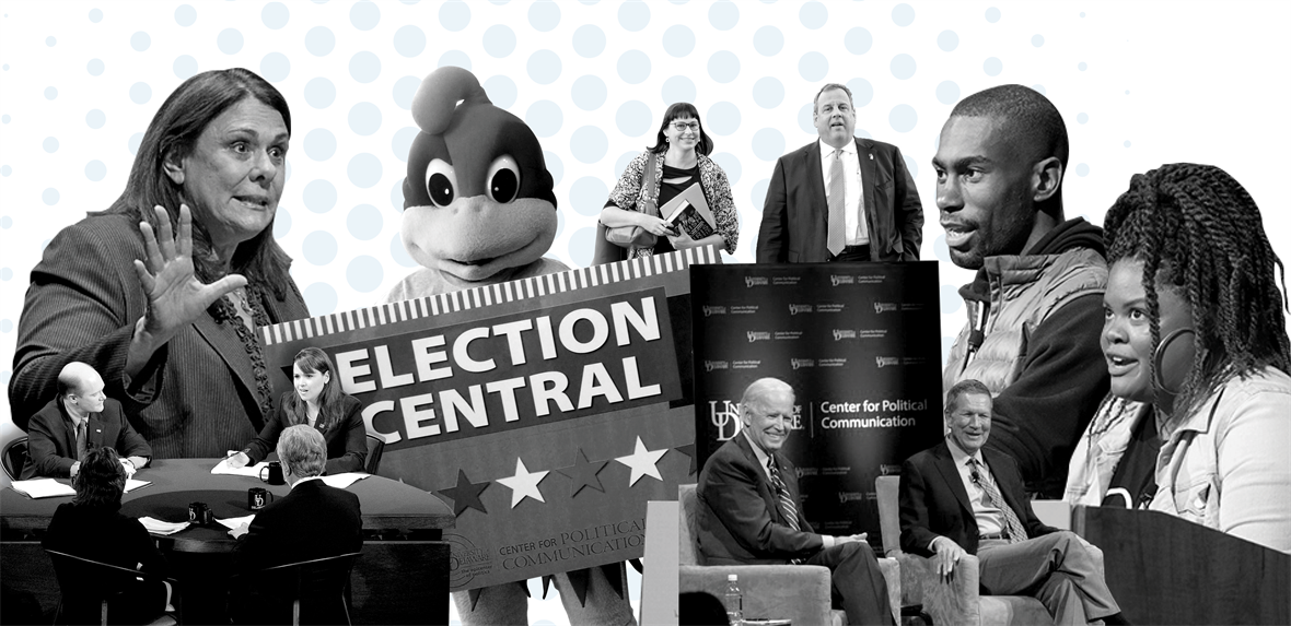 Celebrating the 10th anniversary of the University of Delaware's Center for Communication, from left to right: Delaware Debates 2020 with Chris Coons and Christine O'Donnell, Candy Crowley from National Agenda 2011, Baby Blue from Election Central 2016, Lindsay Hoffman and Gov. Chris Christie from National Agenda 2019, former VP Joe Biden and former Gov. John Kasich from National Agenda 2017, and DeRay McKesson and Johnetta Elzie from National Agenda 2015.