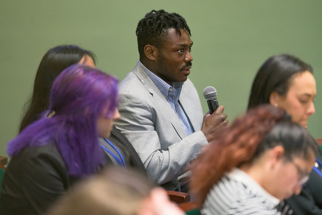 An audience member, UD senior Kyshawn Brown, asked a question during Nora Kelly Lee's National Agenda speaking engagement inside UD's Roselle Center for the Arts.