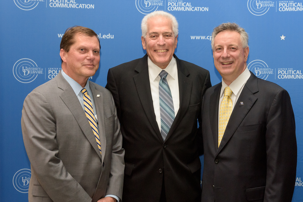 Standing with Ralph Begleiter (center) are College of Arts & Science Dean George Watson (left) and University of Delaware President Dennis Assanis (right)