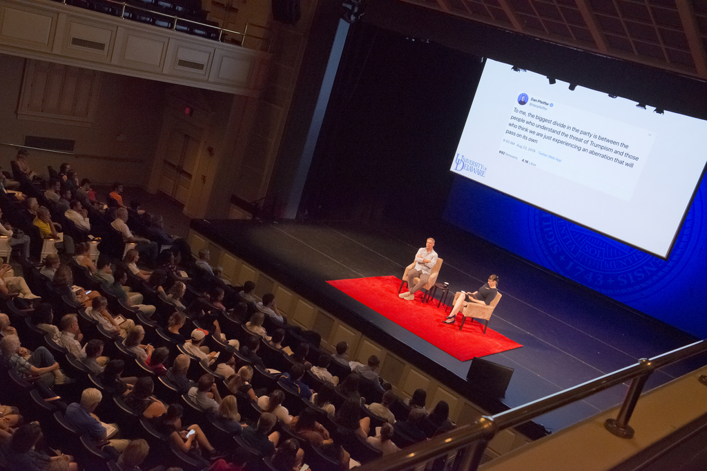 Dan Pfeiffer (left) and Lindsay Hoffman (right), National Agenda Director, discussed the state of American democracy on stage at the University of Delaware's Mitchell Hall Auditorium in Newark, Delaware.