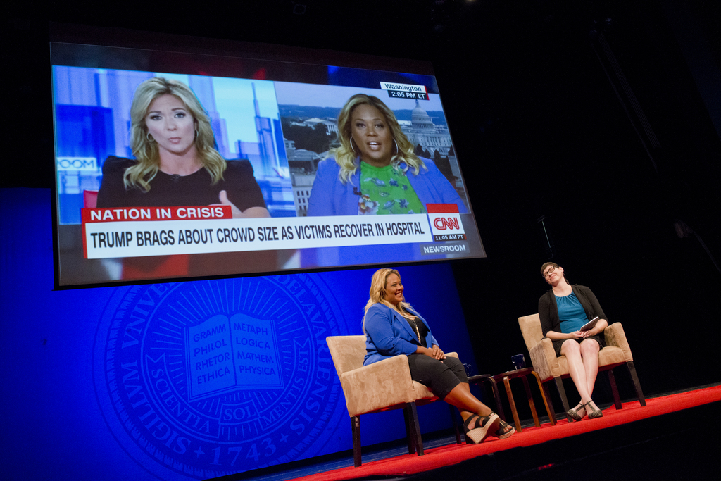 Tara Setmayer and Lindsay on stage at Mitchell Hall on October 2, 2019