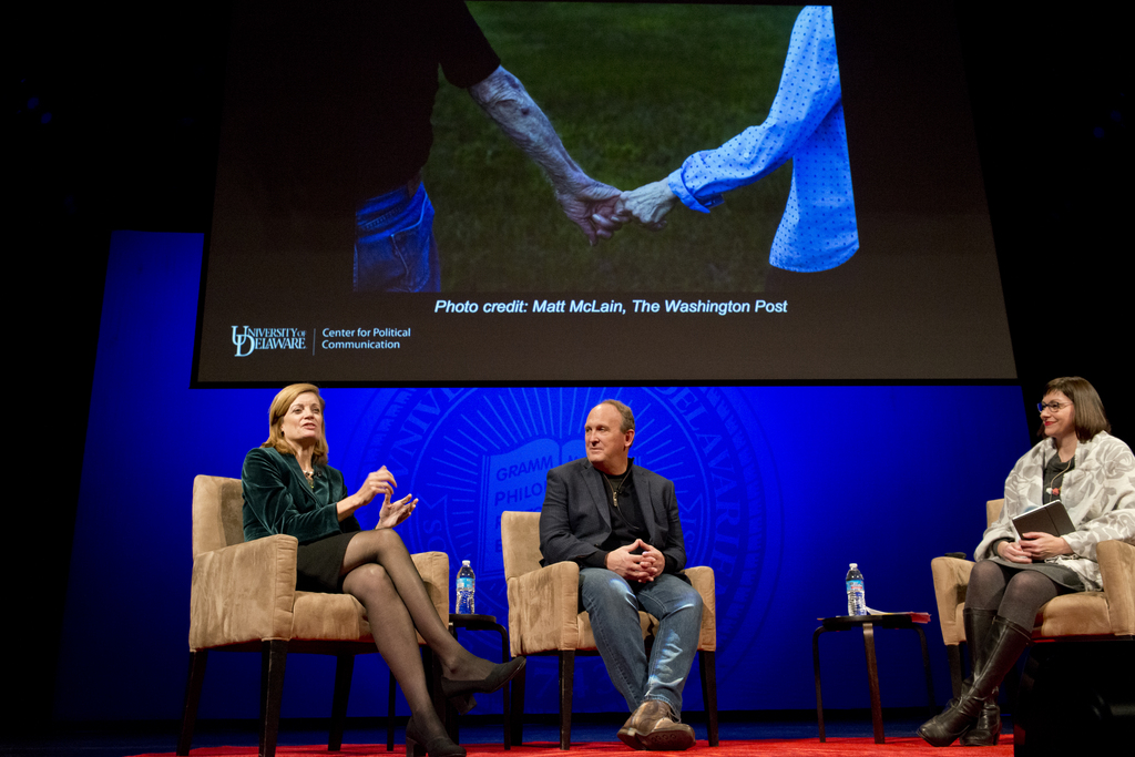 Washington Post journalists Mary Jordan and Kevin Sullivan at University of Delaware's Mitchell Hall Auditorium on November 14, 2018.