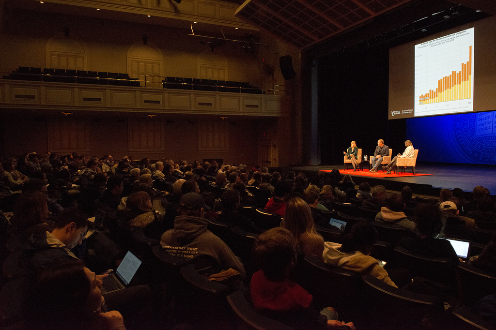 Washinton Post Journalists Mary Jordan and Kevin Sullivan discuss why Fact Matter with National Agenda Director Lindsay Hoffman on November 14, 2018, at UD's Mitchell Hall Auditorium.